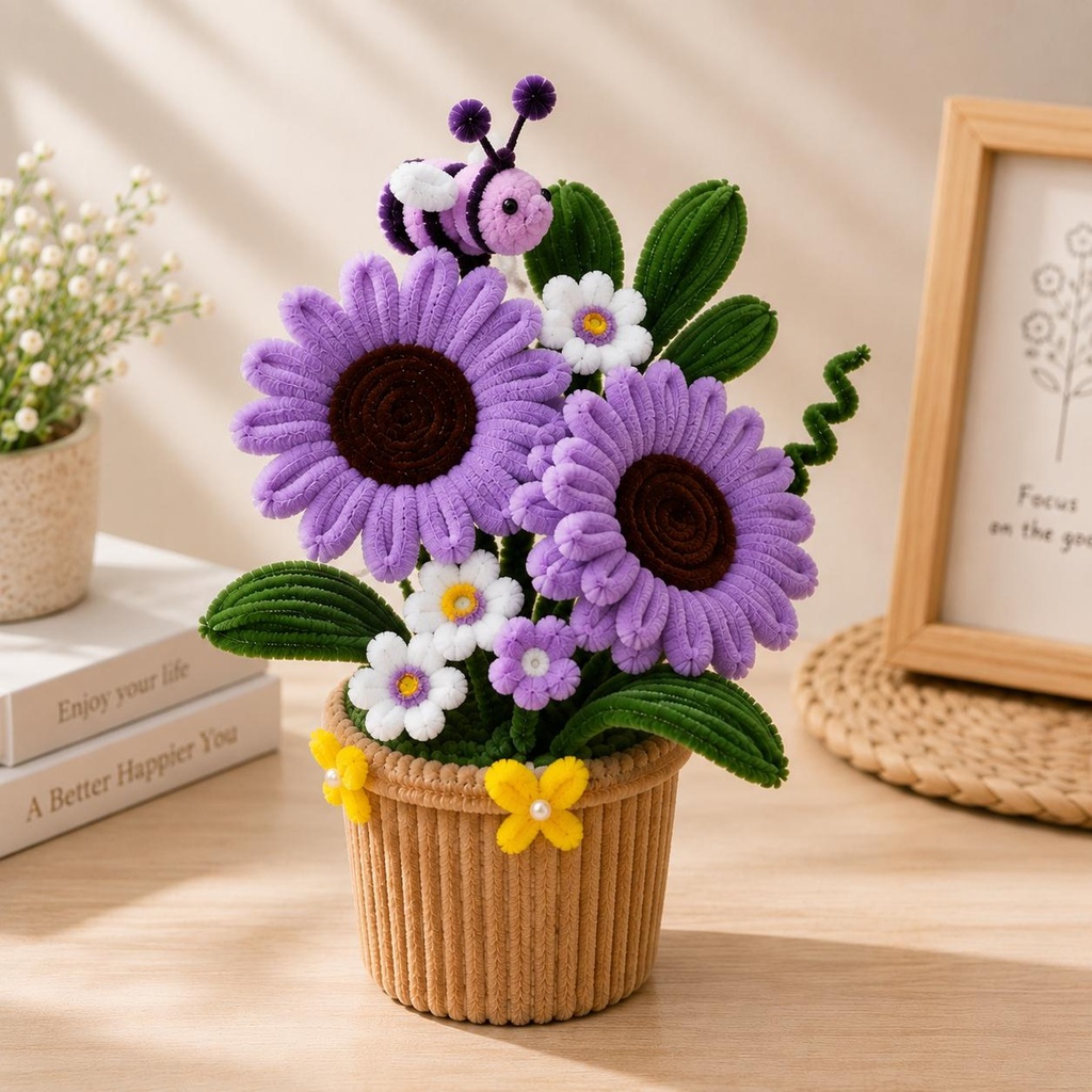 Purple flower pot with bee