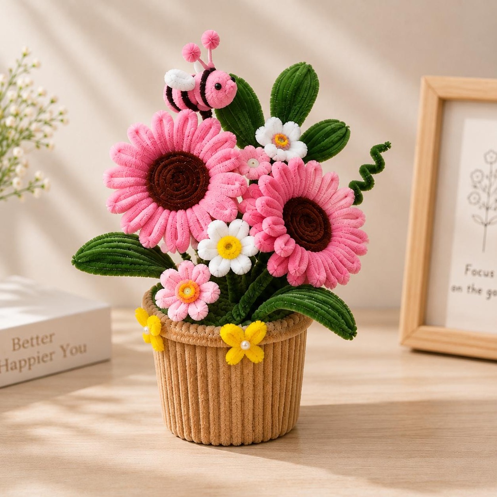 Pink flower pot with bee